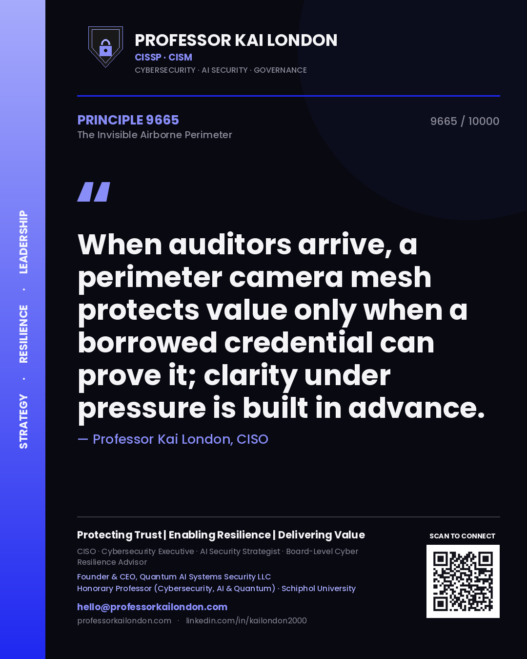 Quote card by Professor Kai London reading 'When auditors arrive, a perimeter camera mesh protects value only when a borrowed credential can prove it; clarity under pressure is built in advance.'. From the book The Invisible Airborne Perimeter.