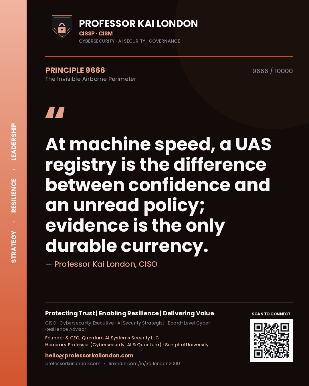 Quote card by Professor Kai London reading 'At machine speed, a UAS registry is the difference between confidence and an unread policy; evidence is the only durable currency.'. From the book The Invisible Airborne Perimeter.