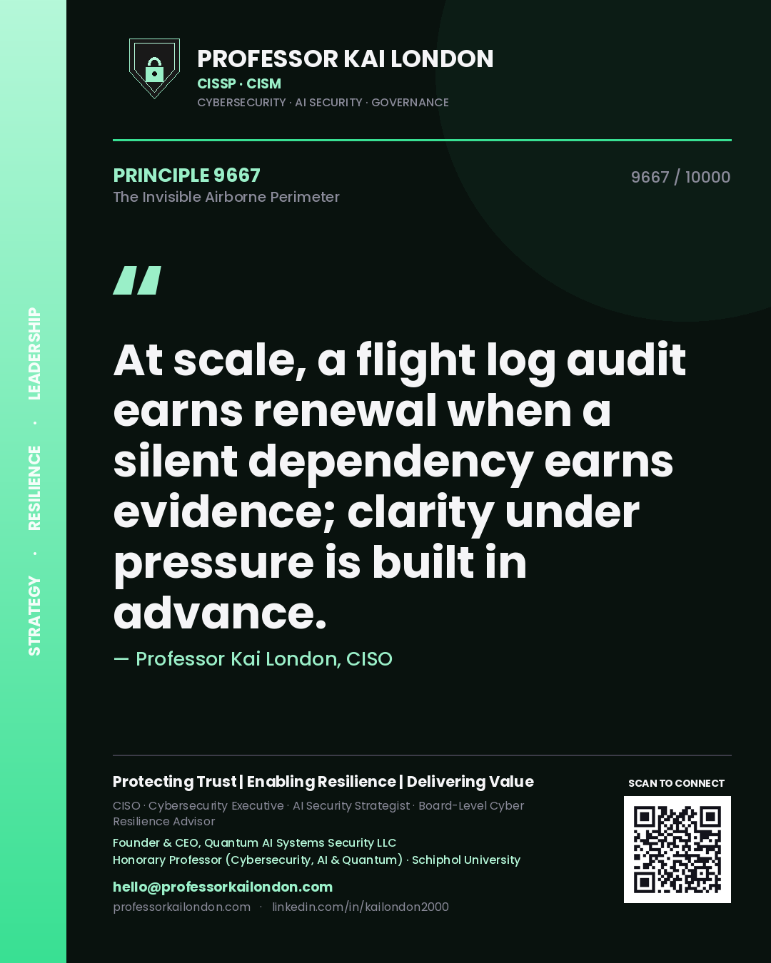 Quote card by Professor Kai London reading 'At scale, a flight log audit earns renewal when a silent dependency earns evidence; clarity under pressure is built in advance.'. From the book The Invisible Airborne Perimeter.