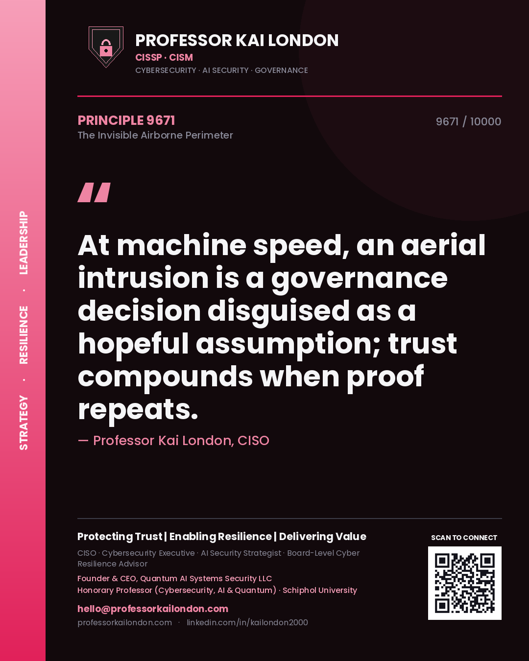 Professor Kai London principle 9671: At machine speed, an aerial intrusion is a governance decision disguised as a hopeful assumption; trust compounds when proof repeats.