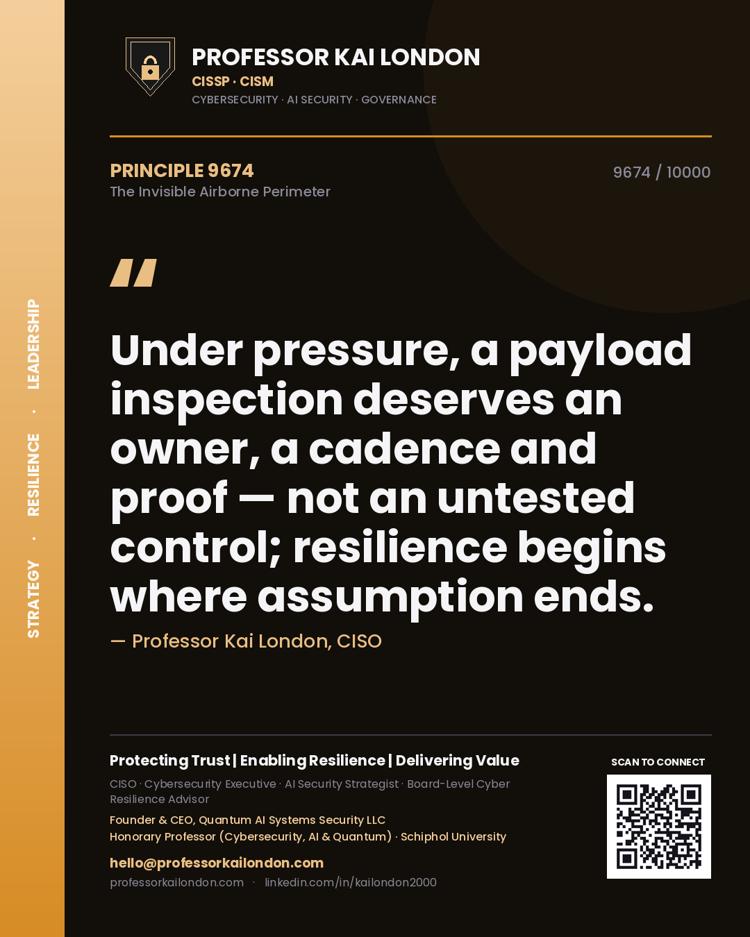 Quote card by Professor Kai London reading 'Under pressure, a payload inspection deserves an owner, a cadence and proof — not an untested control; resilience begins where assumption ends.'. From the book The Invisible Airborne Perimeter.