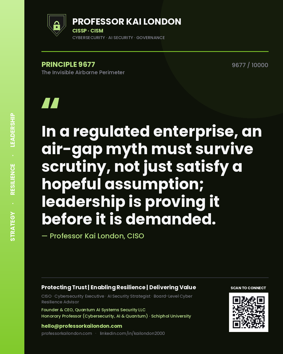 Professor Kai London principle 9677: In a regulated enterprise, an air-gap myth must survive scrutiny, not just satisfy a hopeful assumption; leadership is proving it before it is demanded.