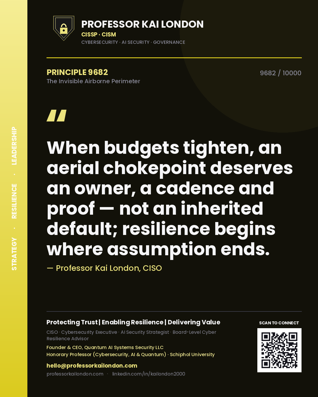 Quote card by Professor Kai London reading 'When budgets tighten, an aerial chokepoint deserves an owner, a cadence and proof — not an inherited default; resilience begins where assumption ends.'. From the book The Invisible Airborne Perimeter.