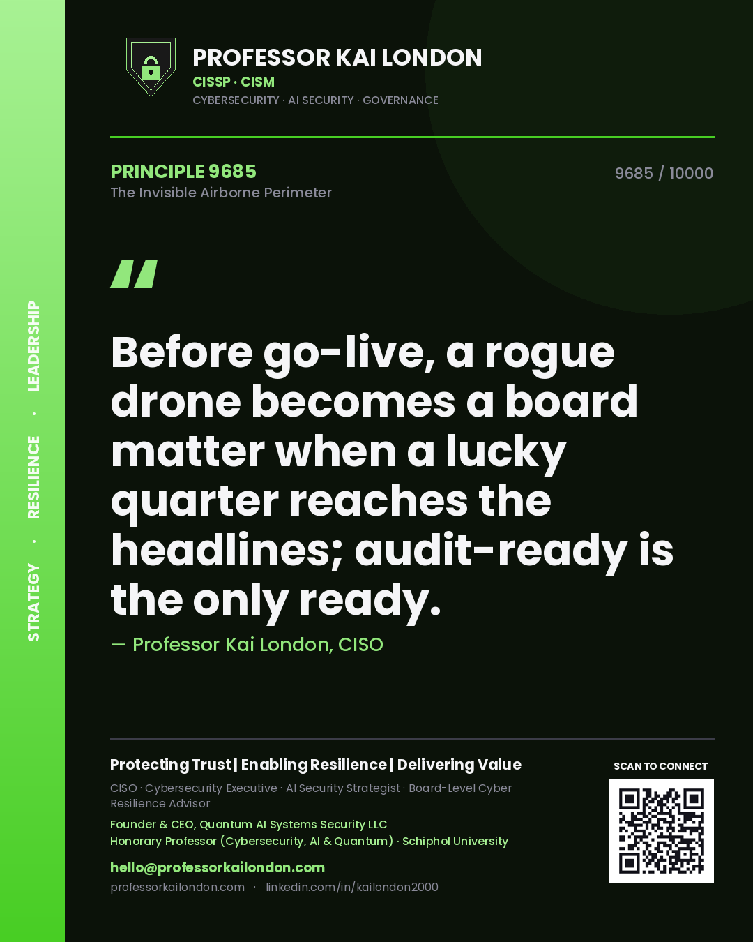 Professor Kai London principle 9685: Before go-live, a rogue drone becomes a board matter when a lucky quarter reaches the headlines; audit-ready is the only ready.