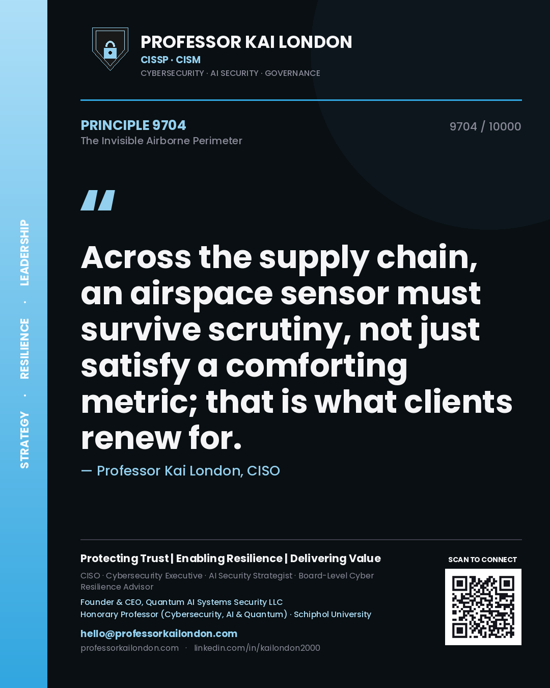 Quote card by Professor Kai London reading 'Across the supply chain, an airspace sensor must survive scrutiny, not just satisfy a comforting metric; that is what clients renew for.'. From the book The Invisible Airborne Perimeter.