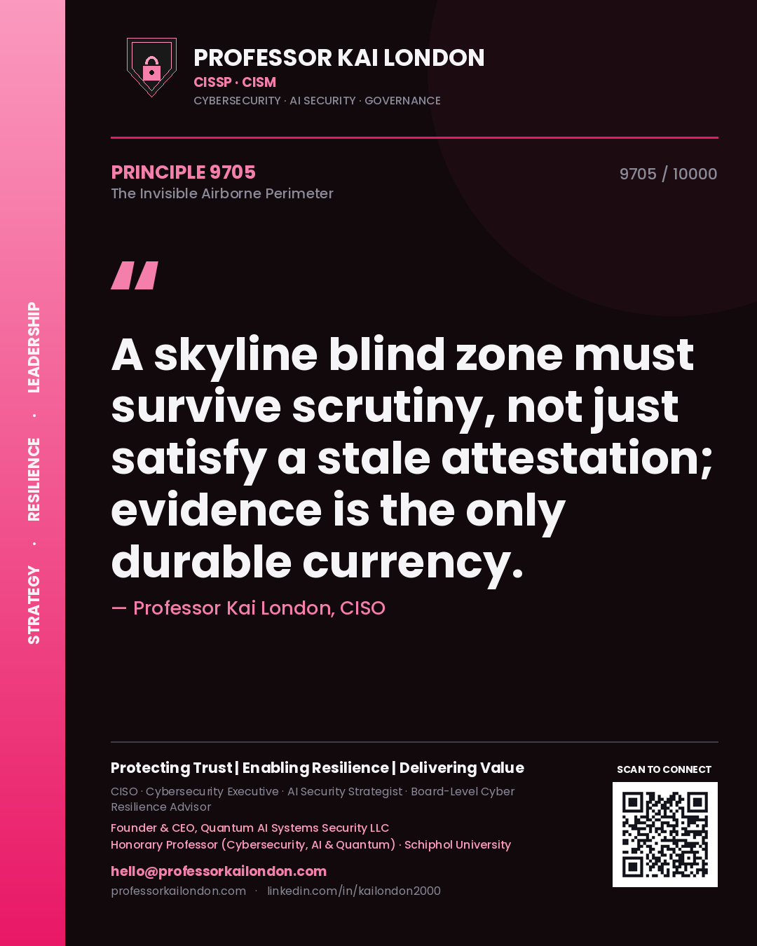 Professor Kai London principle 9705: A skyline blind zone must survive scrutiny, not just satisfy a stale attestation; evidence is the only durable currency.