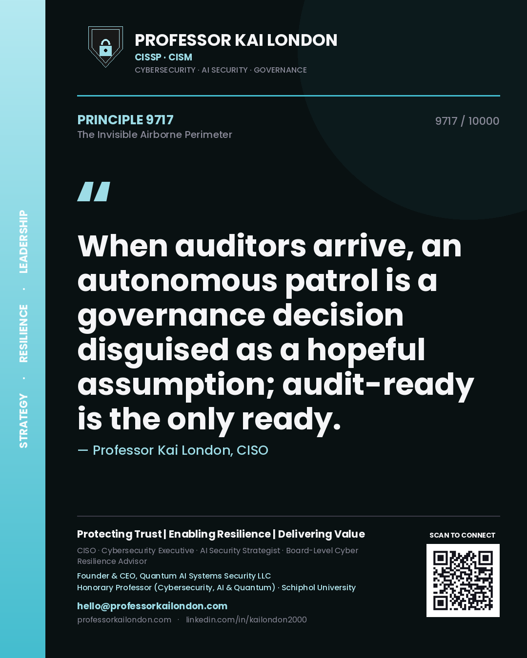 Quote card by Professor Kai London reading 'When auditors arrive, an autonomous patrol is a governance decision disguised as a hopeful assumption; audit-ready is the only ready.'. From the book The Invisible Airborne Perimeter.