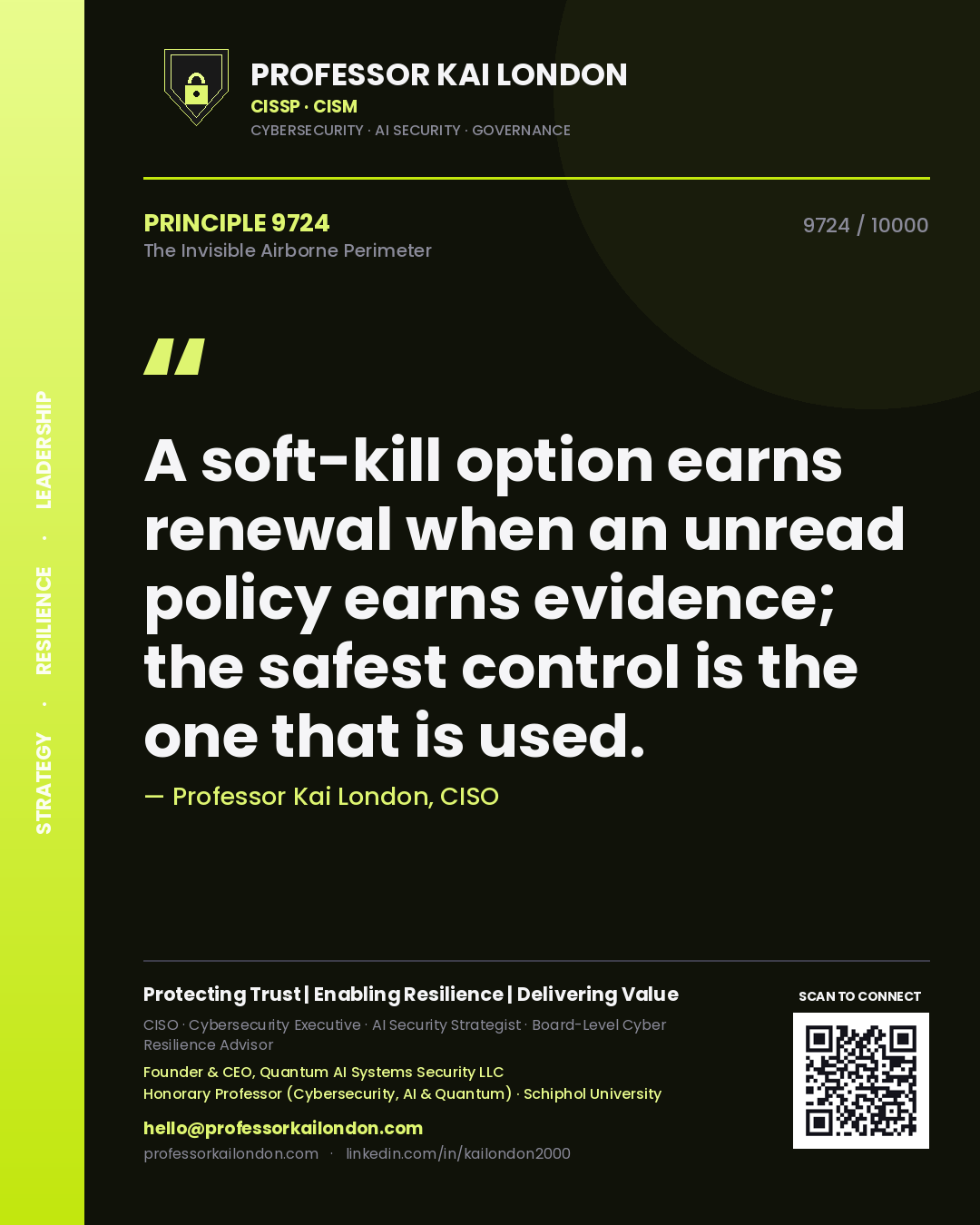 Professor Kai London principle 9724: A soft-kill option earns renewal when an unread policy earns evidence; the safest control is the one that is used.