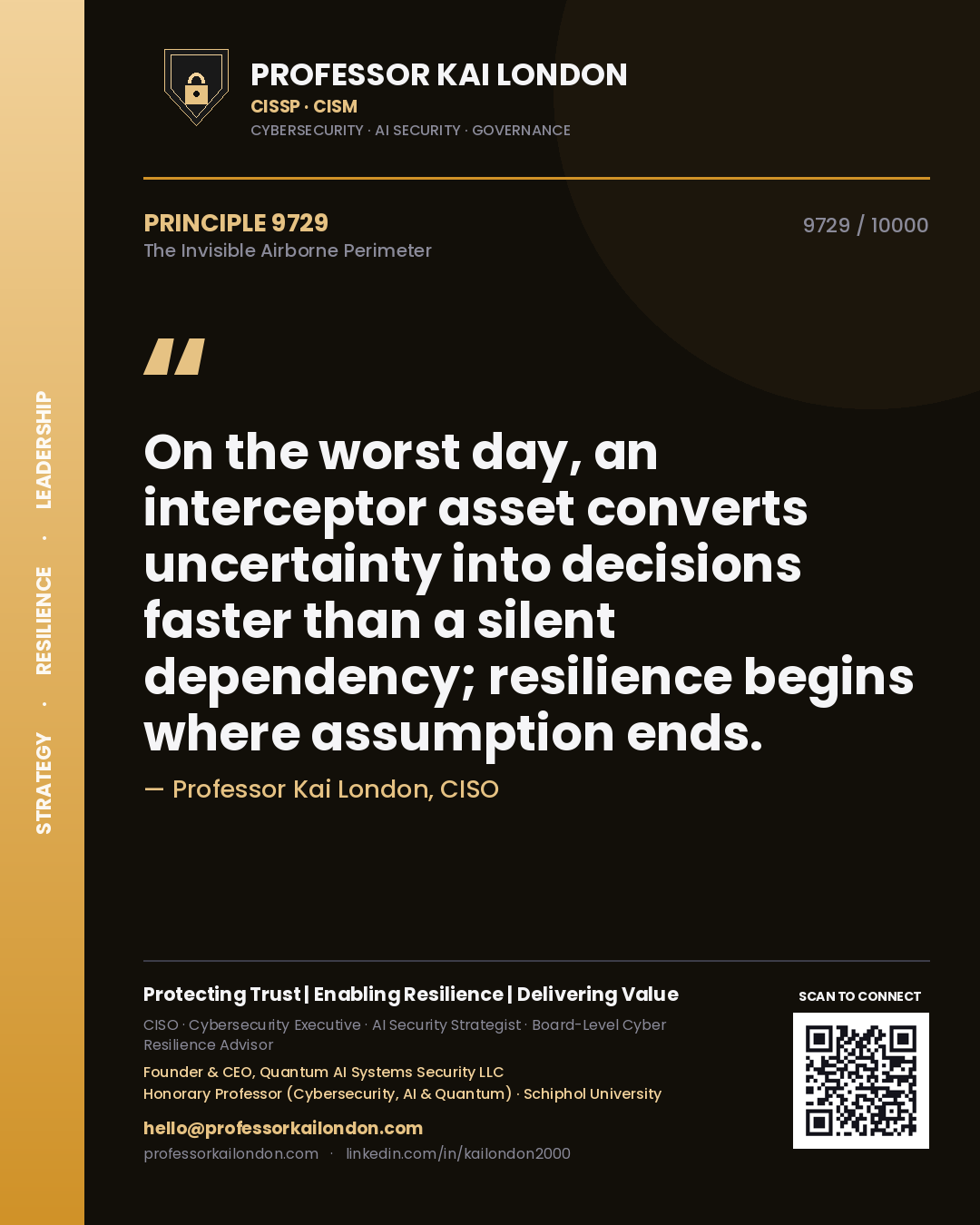 Professor Kai London principle 9729: On the worst day, an interceptor asset converts uncertainty into decisions faster than a silent dependency; resilience begins where assumption ends.