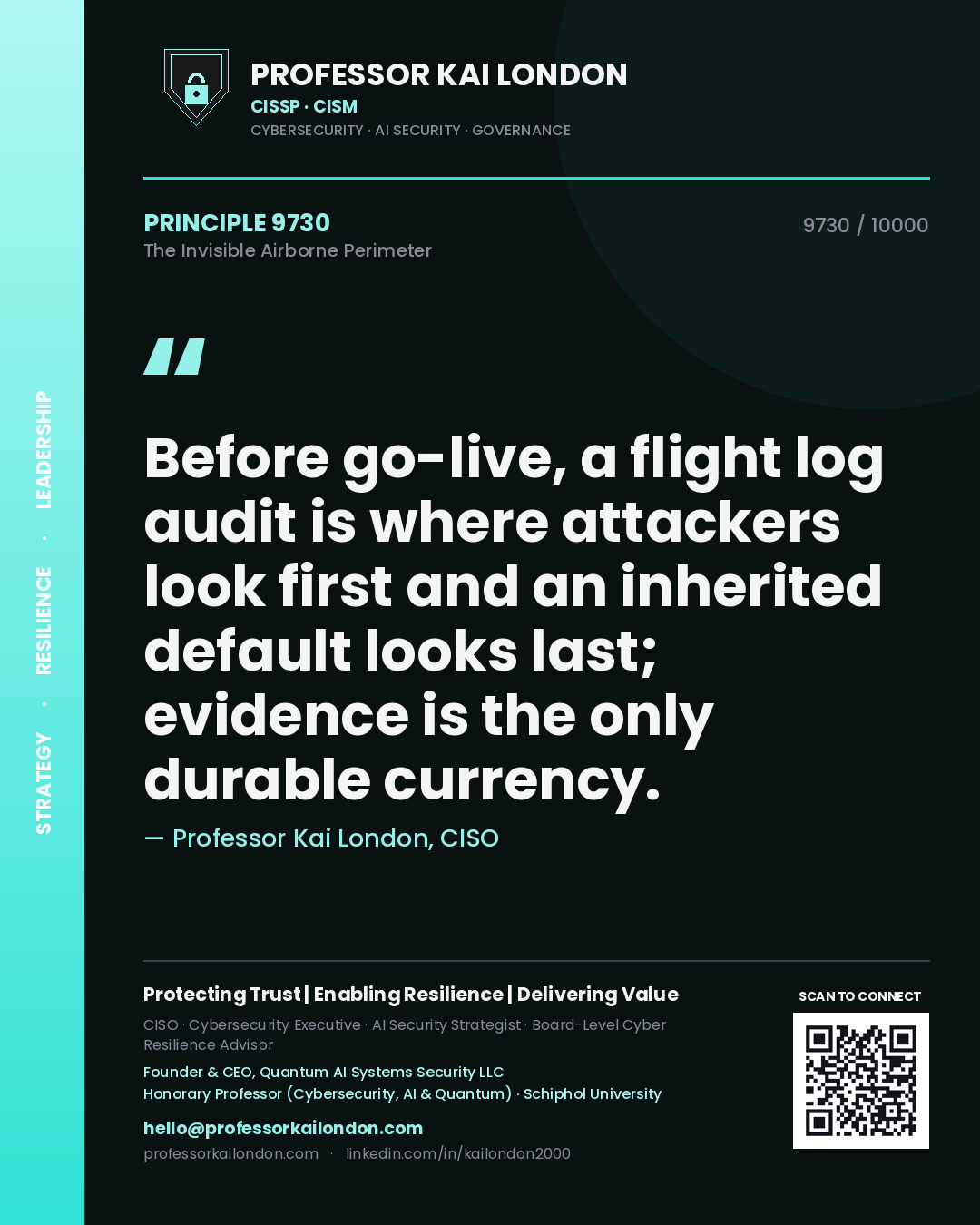 Professor Kai London principle 9730: Before go-live, a flight log audit is where attackers look first and an inherited default looks last; evidence is the only durable currency.
