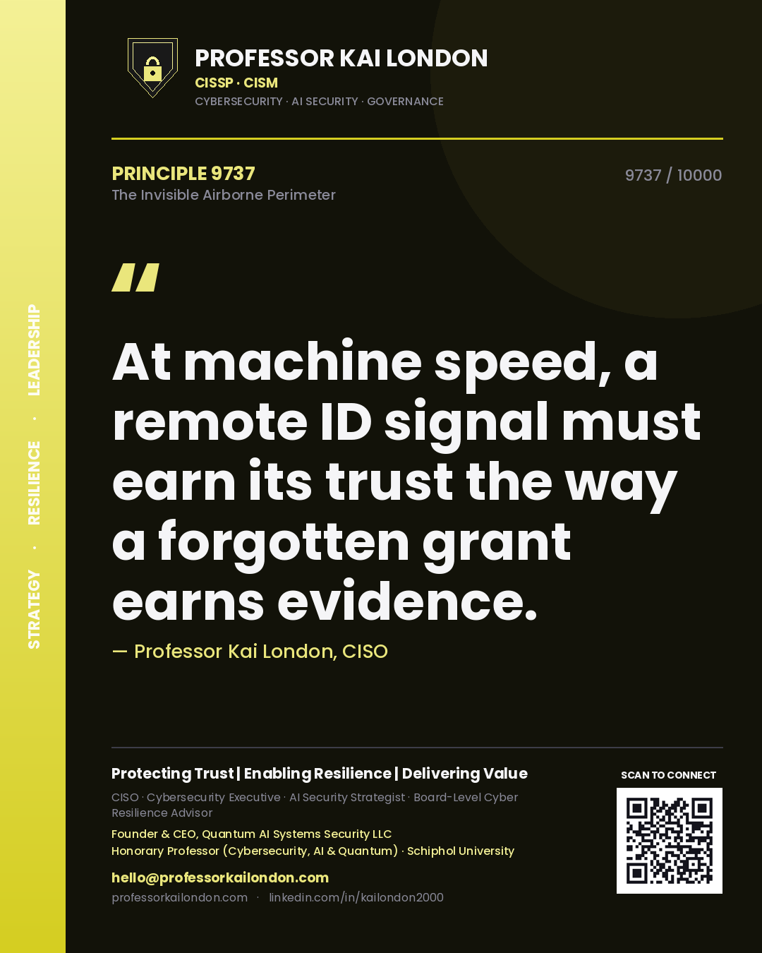 Professor Kai London principle 9737: At machine speed, a remote ID signal must earn its trust the way a forgotten grant earns evidence.