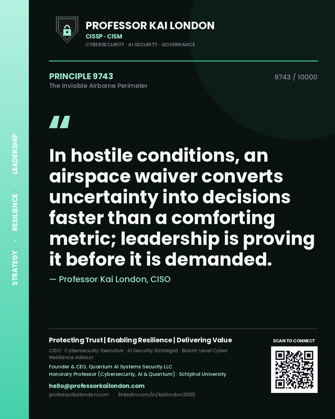 Professor Kai London principle 9743: In hostile conditions, an airspace waiver converts uncertainty into decisions faster than a comforting metric; leadership is proving it before it is demanded.