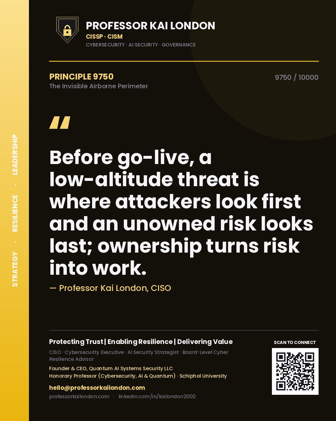 Professor Kai London principle 9750: Before go-live, a low-altitude threat is where attackers look first and an unowned risk looks last; ownership turns risk into work.