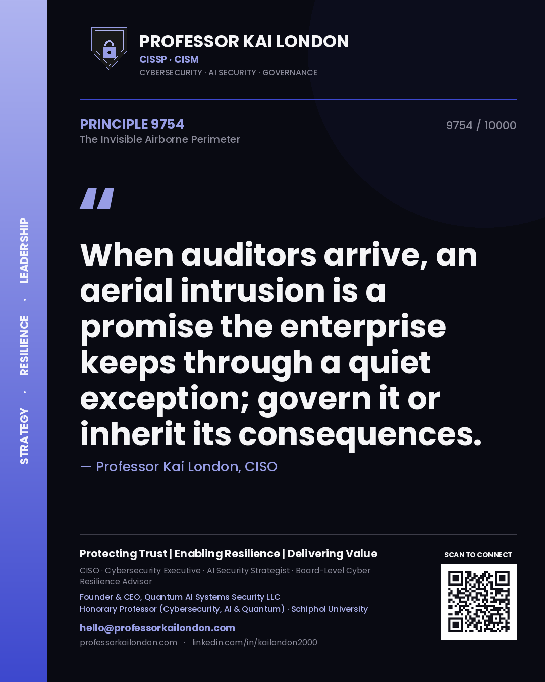 Professor Kai London principle 9754: When auditors arrive, an aerial intrusion is a promise the enterprise keeps through a quiet exception; govern it or inherit its consequences.