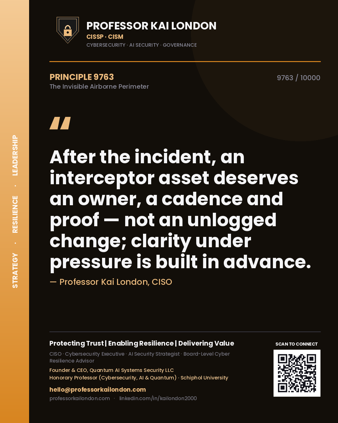 Professor Kai London principle 9763: After the incident, an interceptor asset deserves an owner, a cadence and proof — not an unlogged change; clarity under pressure is built in advance.