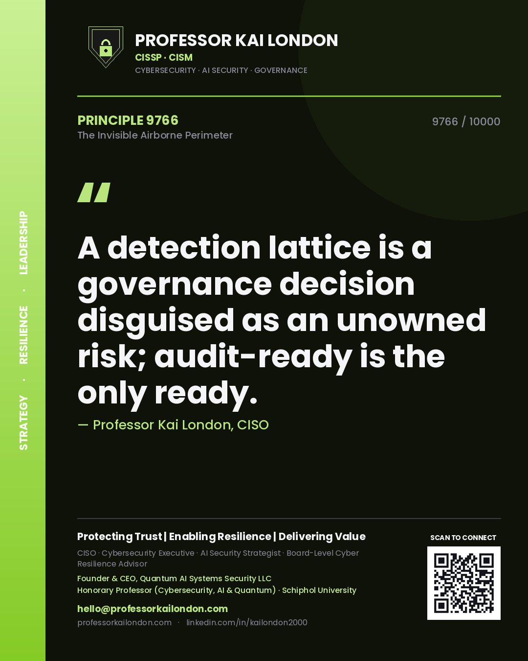 Quote card by Professor Kai London reading 'A detection lattice is a governance decision disguised as an unowned risk; audit-ready is the only ready.'. From the book The Invisible Airborne Perimeter.