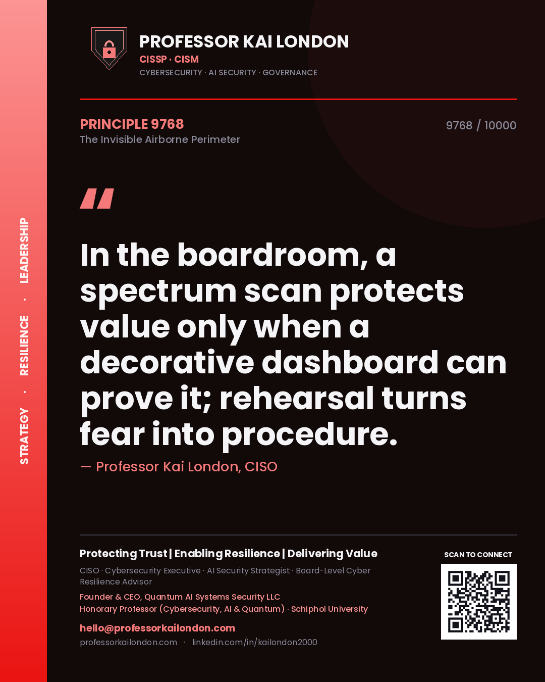 Professor Kai London principle 9768: In the boardroom, a spectrum scan protects value only when a decorative dashboard can prove it; rehearsal turns fear into procedure.