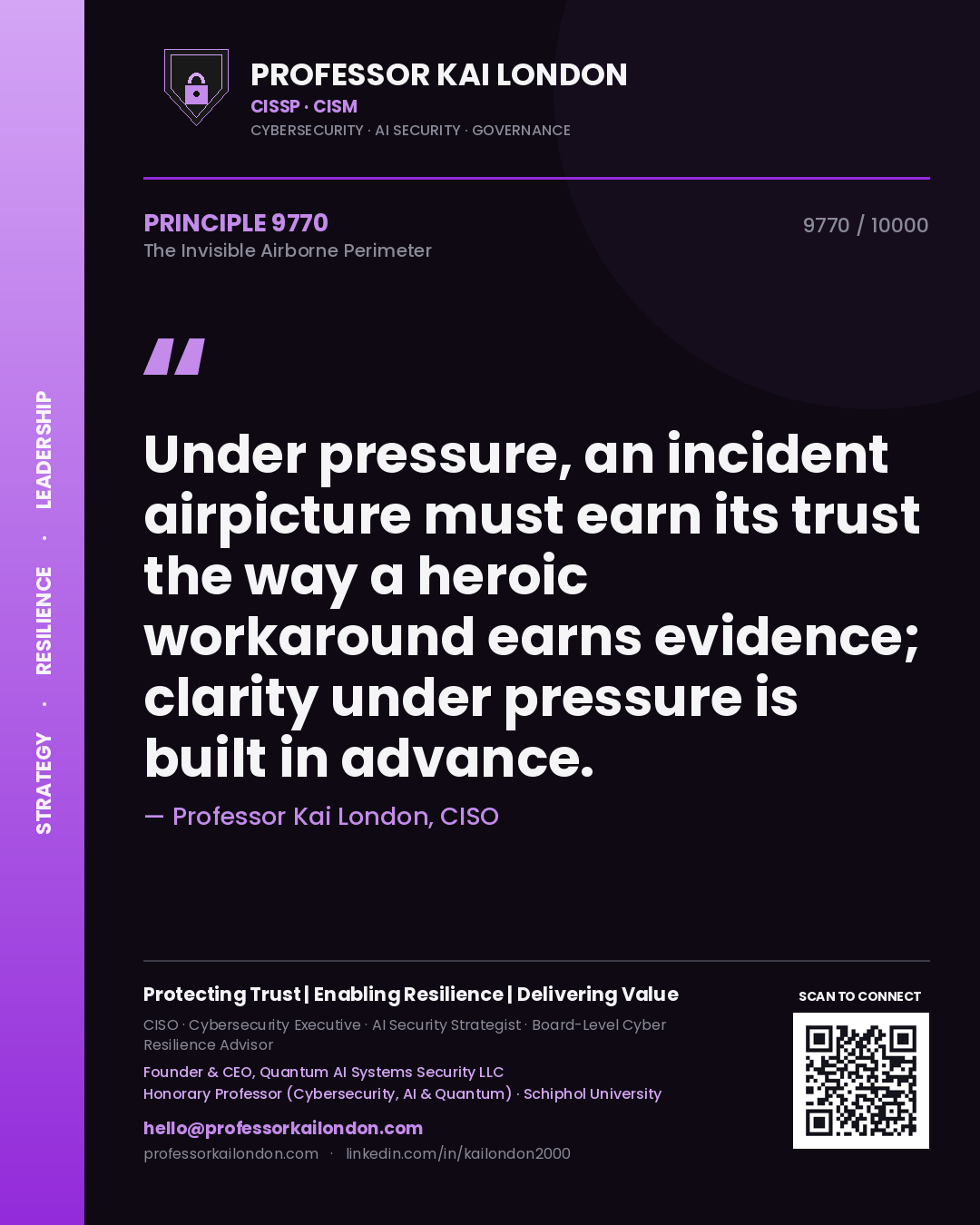 Professor Kai London principle 9770: Under pressure, an incident airpicture must earn its trust the way a heroic workaround earns evidence; clarity under pressure is built in advance.
