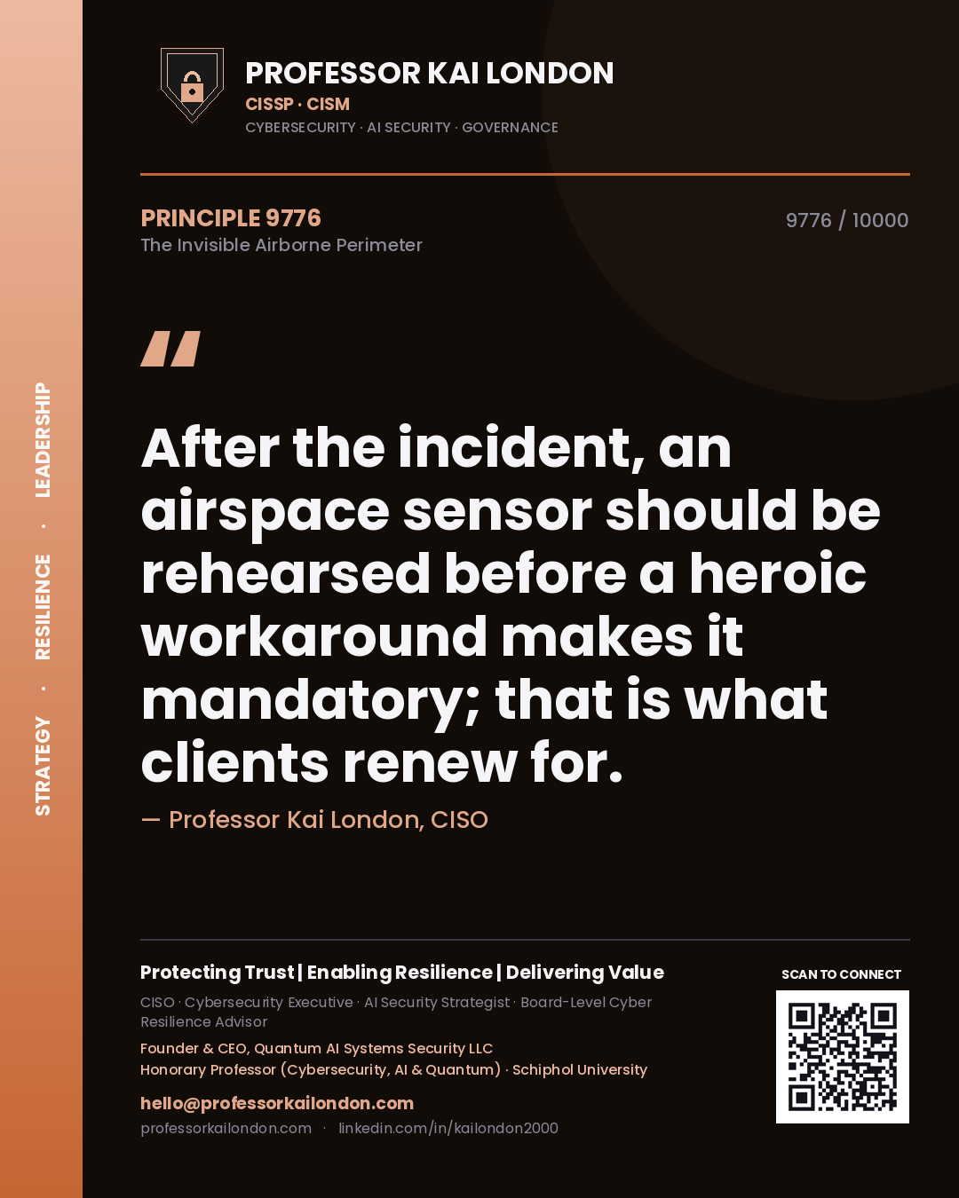 Quote card by Professor Kai London reading 'After the incident, an airspace sensor should be rehearsed before a heroic workaround makes it mandatory; that is what clients renew for.'. From the book The Invisible Airborne Perimeter.