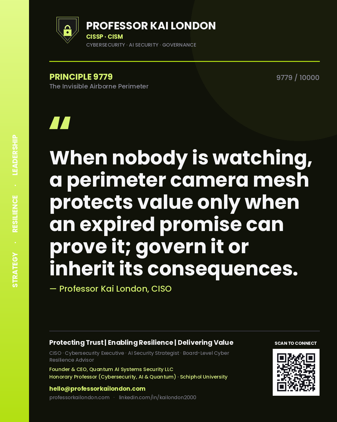 Professor Kai London principle 9779: When nobody is watching, a perimeter camera mesh protects value only when an expired promise can prove it; govern it or inherit its consequences.