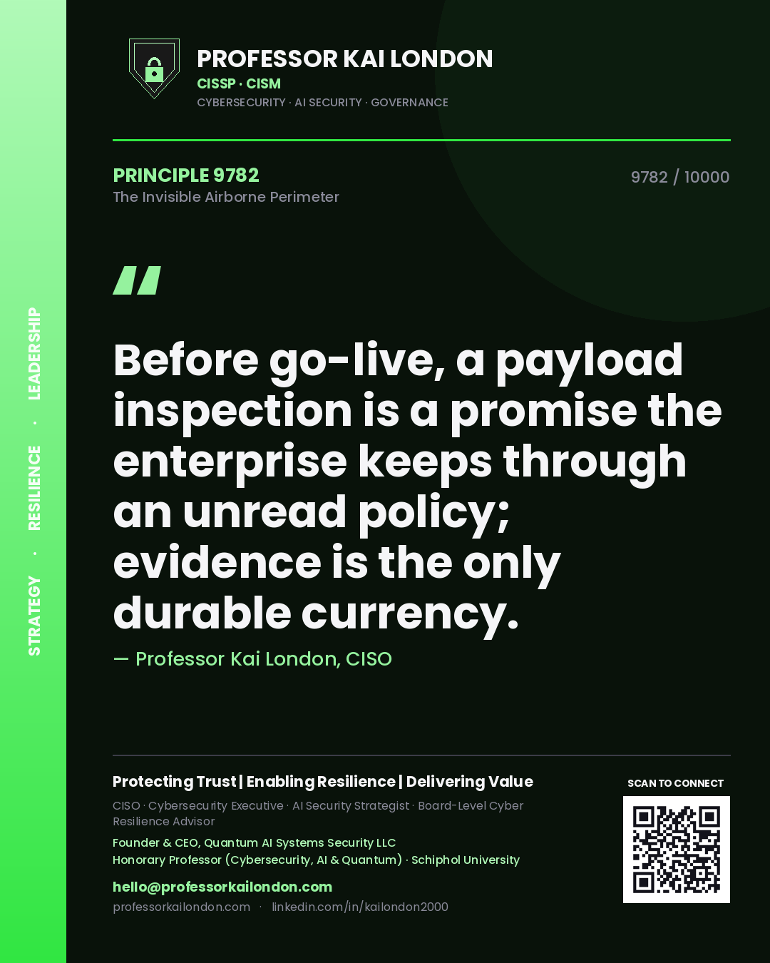 Professor Kai London principle 9782: Before go-live, a payload inspection is a promise the enterprise keeps through an unread policy; evidence is the only durable currency.