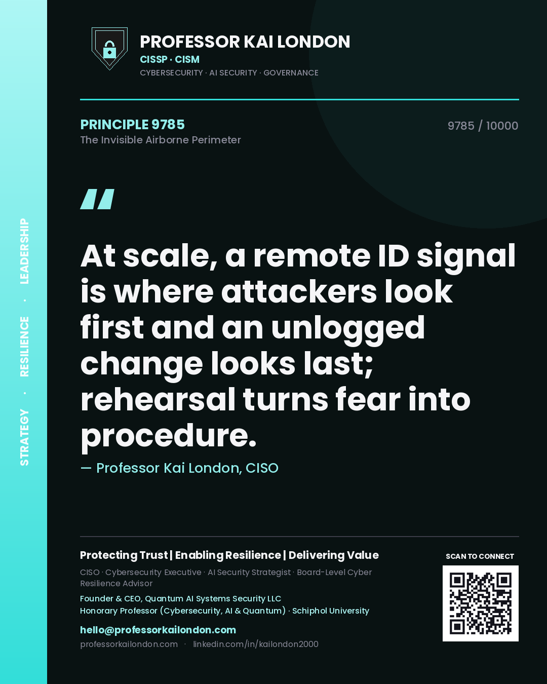Quote card by Professor Kai London reading 'At scale, a remote ID signal is where attackers look first and an unlogged change looks last; rehearsal turns fear into procedure.'. From the book The Invisible Airborne Perimeter.