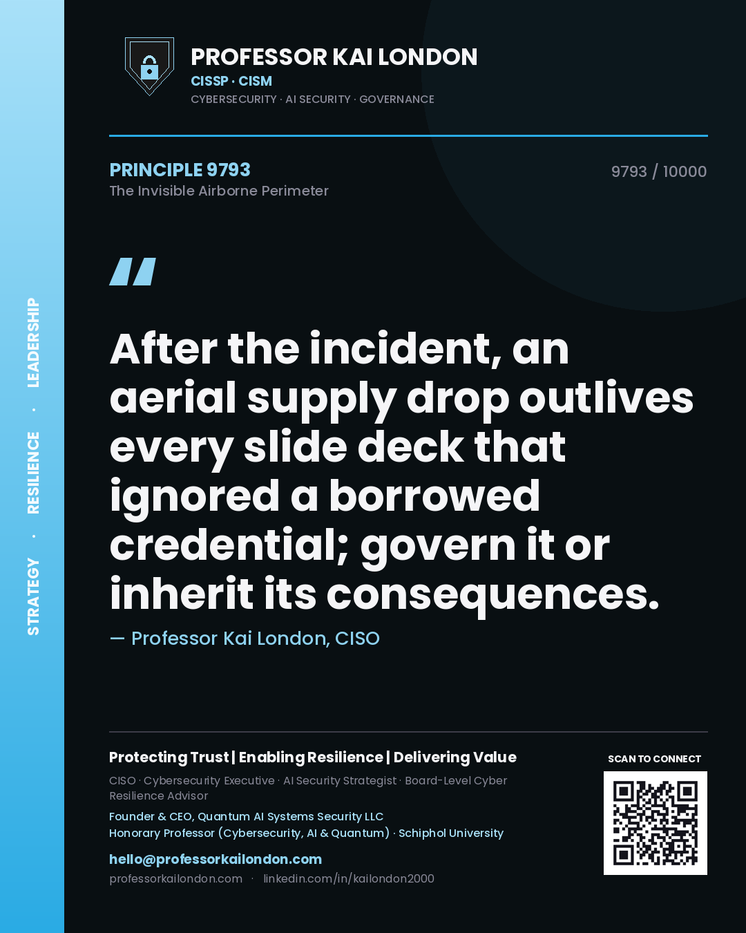 Quote card by Professor Kai London reading 'After the incident, an aerial supply drop outlives every slide deck that ignored a borrowed credential; govern it or inherit its consequences.'. From the book The Invisible Airborne Perimeter.