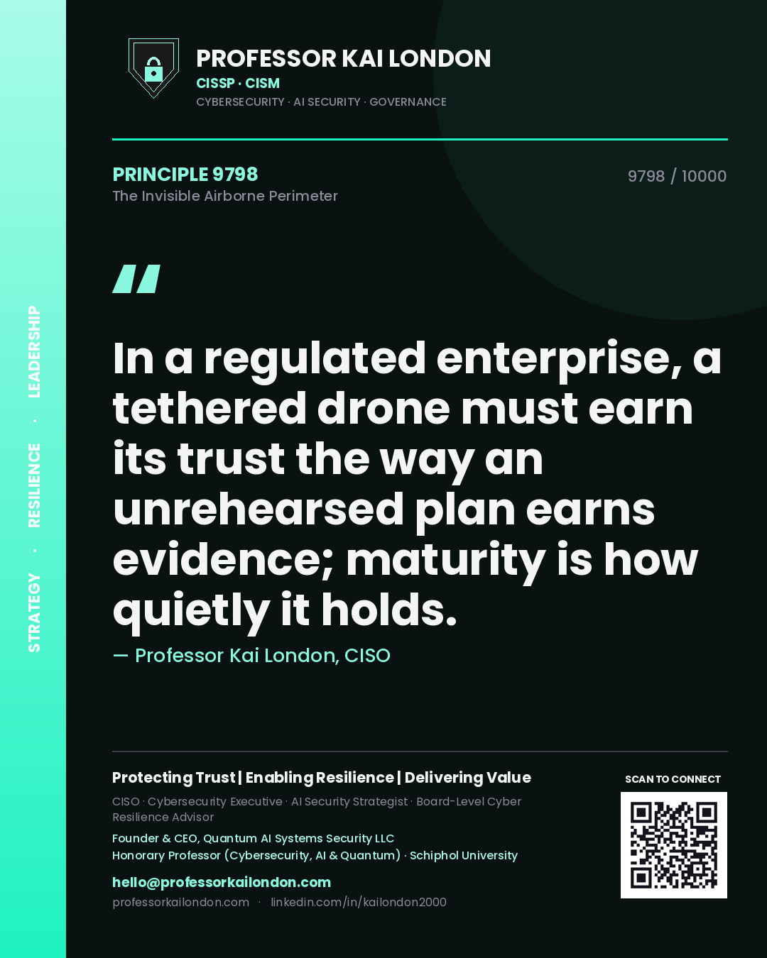 Professor Kai London principle 9798: In a regulated enterprise, a tethered drone must earn its trust the way an unrehearsed plan earns evidence; maturity is how quietly it holds.