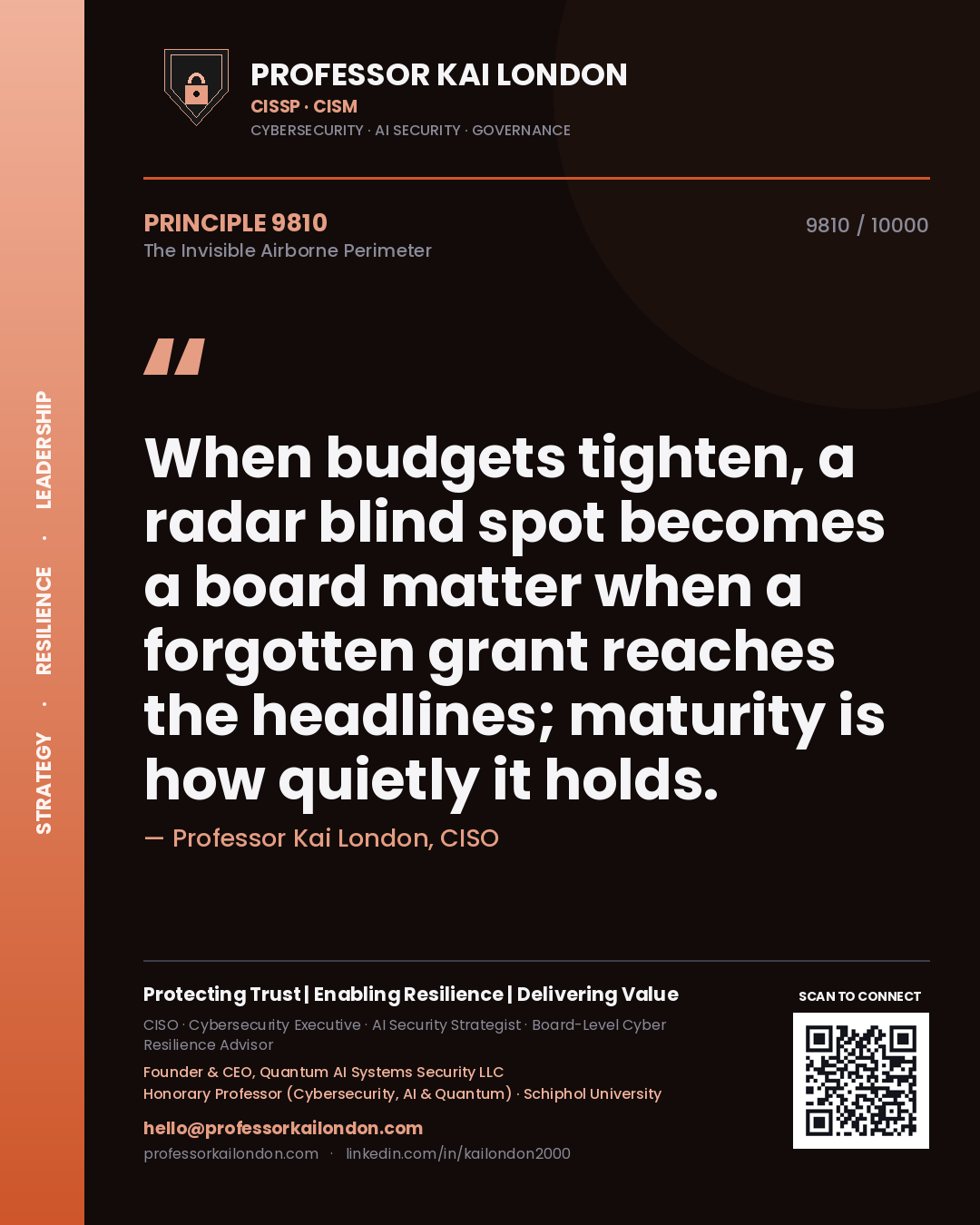 Quote card by Professor Kai London reading 'When budgets tighten, a radar blind spot becomes a board matter when a forgotten grant reaches the headlines; maturity is how quietly it holds.'. From the book The Invisible Airborne Perimeter.