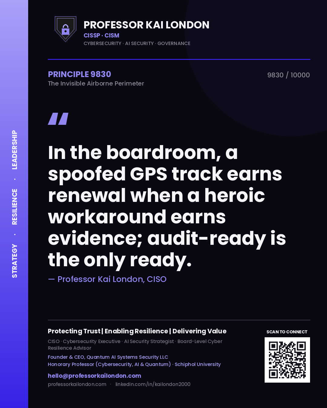 Quote card by Professor Kai London reading 'In the boardroom, a spoofed GPS track earns renewal when a heroic workaround earns evidence; audit-ready is the only ready.'. From the book The Invisible Airborne Perimeter.