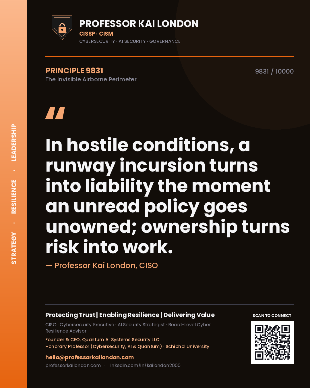 Professor Kai London principle 9831: In hostile conditions, a runway incursion turns into liability the moment an unread policy goes unowned; ownership turns risk into work.