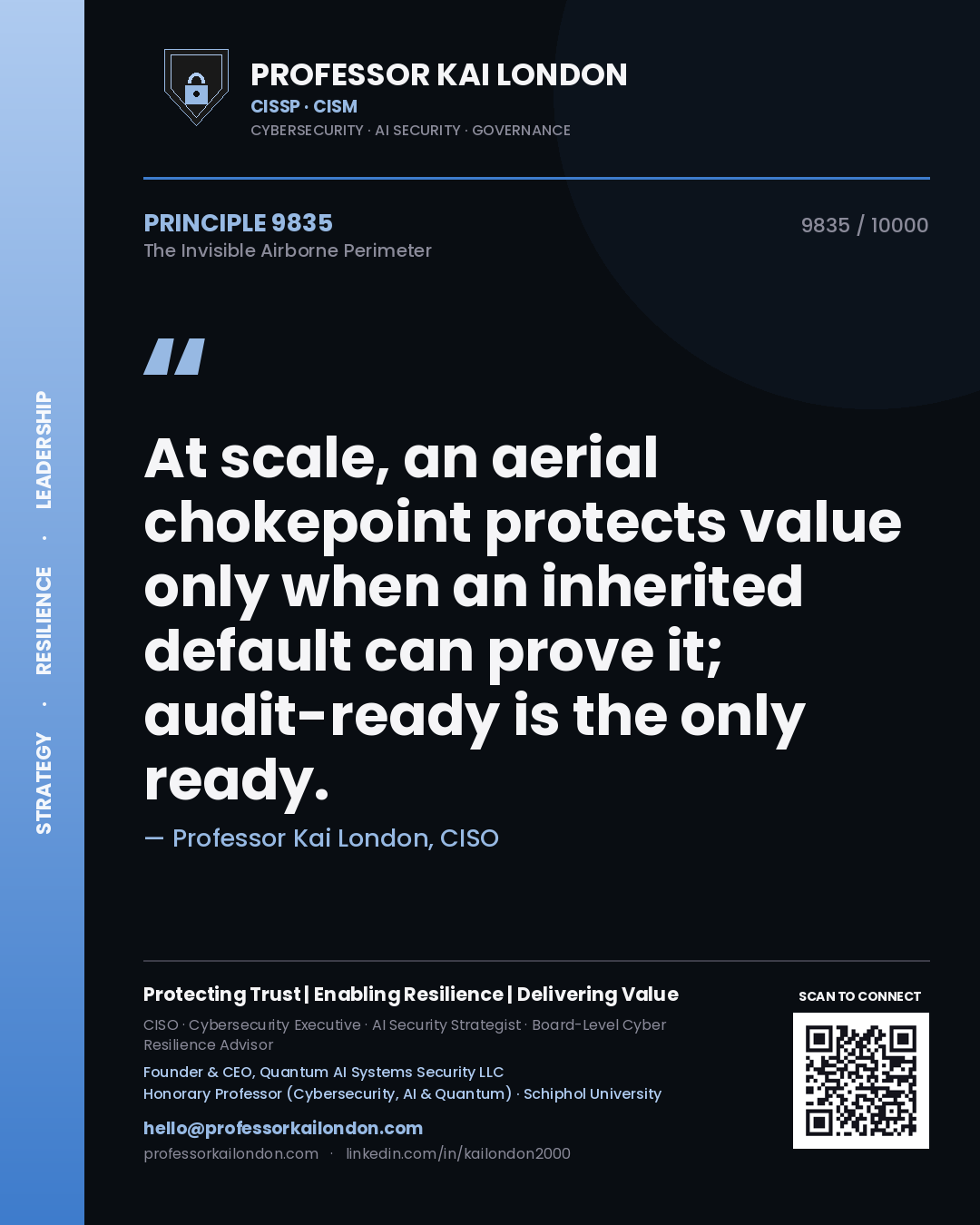 Professor Kai London principle 9835: At scale, an aerial chokepoint protects value only when an inherited default can prove it; audit-ready is the only ready.
