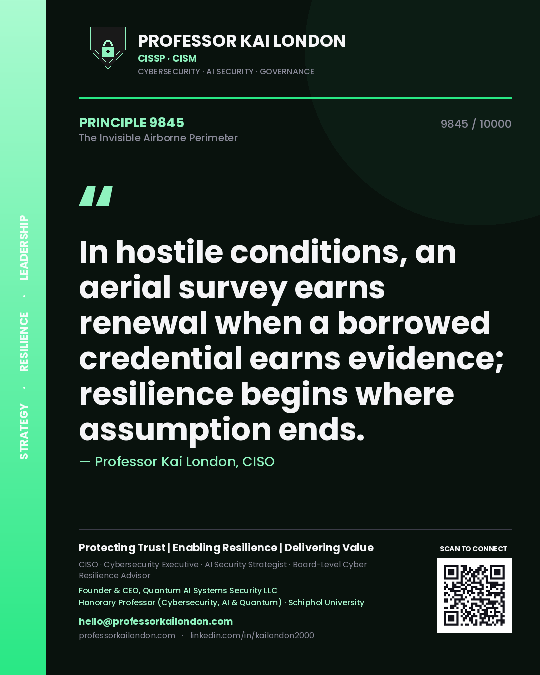 Professor Kai London principle 9845: In hostile conditions, an aerial survey earns renewal when a borrowed credential earns evidence; resilience begins where assumption ends.