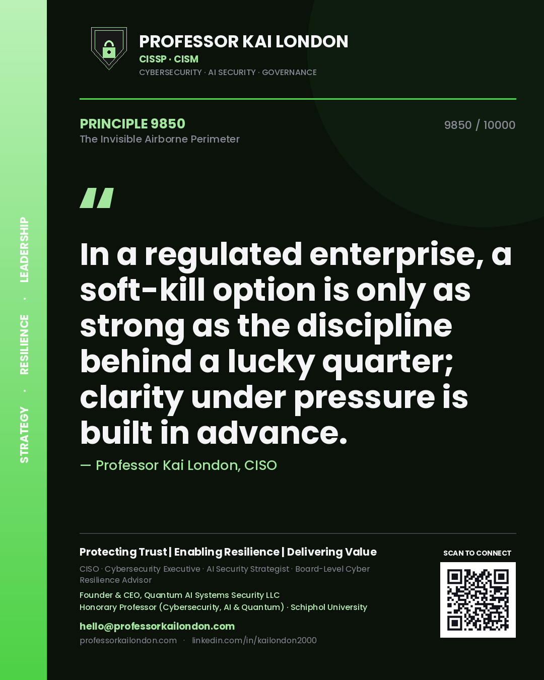 Professor Kai London principle 9850: In a regulated enterprise, a soft-kill option is only as strong as the discipline behind a lucky quarter; clarity under pressure is built in advance.