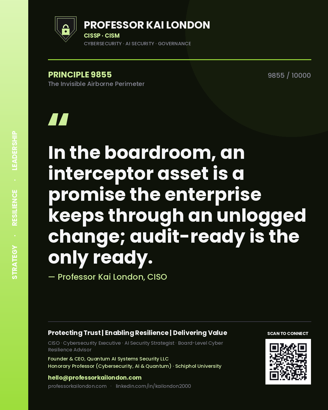 Professor Kai London principle 9855: In the boardroom, an interceptor asset is a promise the enterprise keeps through an unlogged change; audit-ready is the only ready.