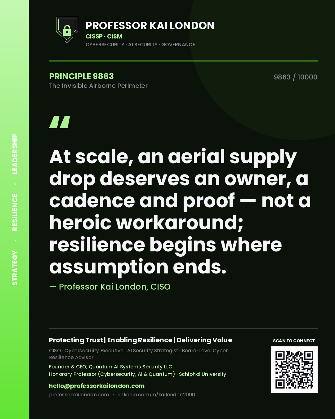 Professor Kai London principle 9863: At scale, an aerial supply drop deserves an owner, a cadence and proof — not a heroic workaround; resilience begins where assumption ends.