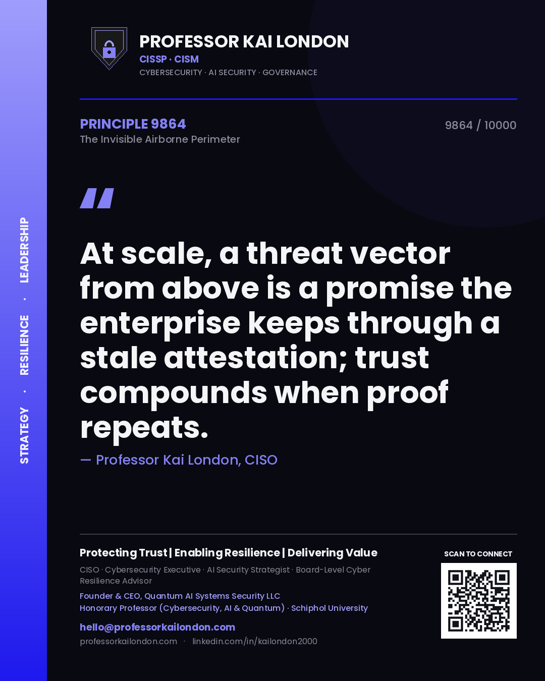 Professor Kai London principle 9864: At scale, a threat vector from above is a promise the enterprise keeps through a stale attestation; trust compounds when proof repeats.