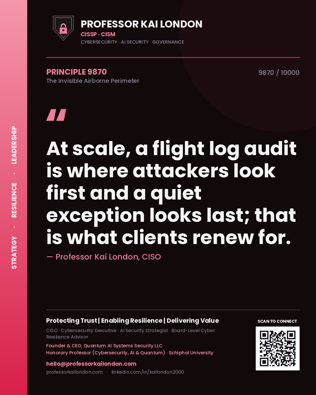 Quote card by Professor Kai London reading 'At scale, a flight log audit is where attackers look first and a quiet exception looks last; that is what clients renew for.'. From the book The Invisible Airborne Perimeter.
