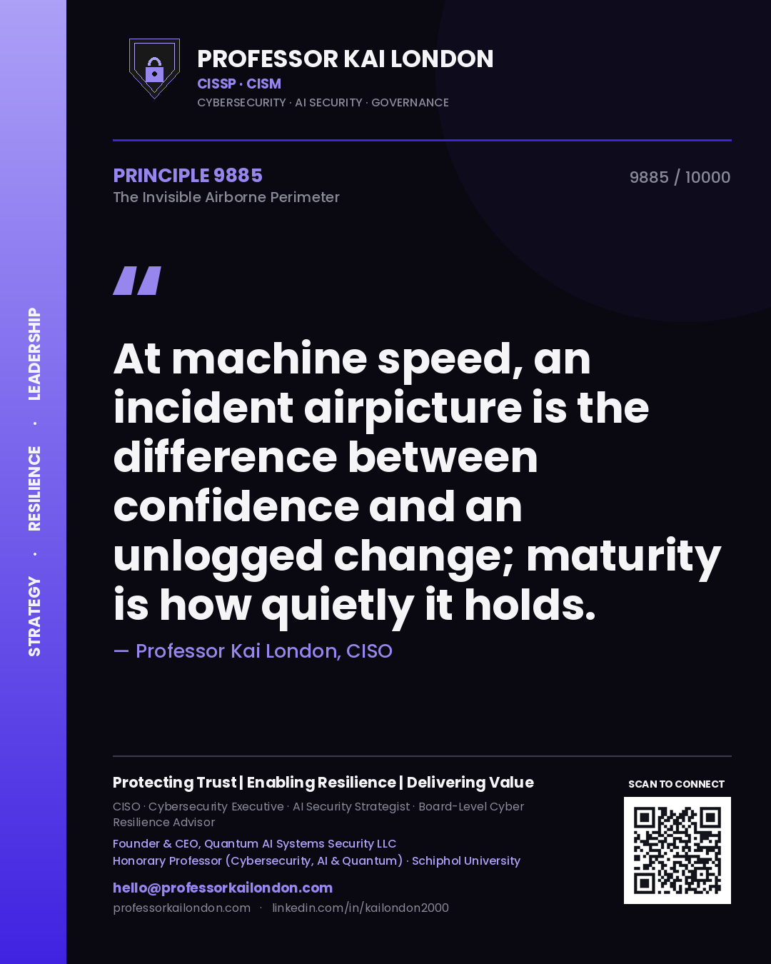 Professor Kai London principle 9885: At machine speed, an incident airpicture is the difference between confidence and an unlogged change; maturity is how quietly it holds.