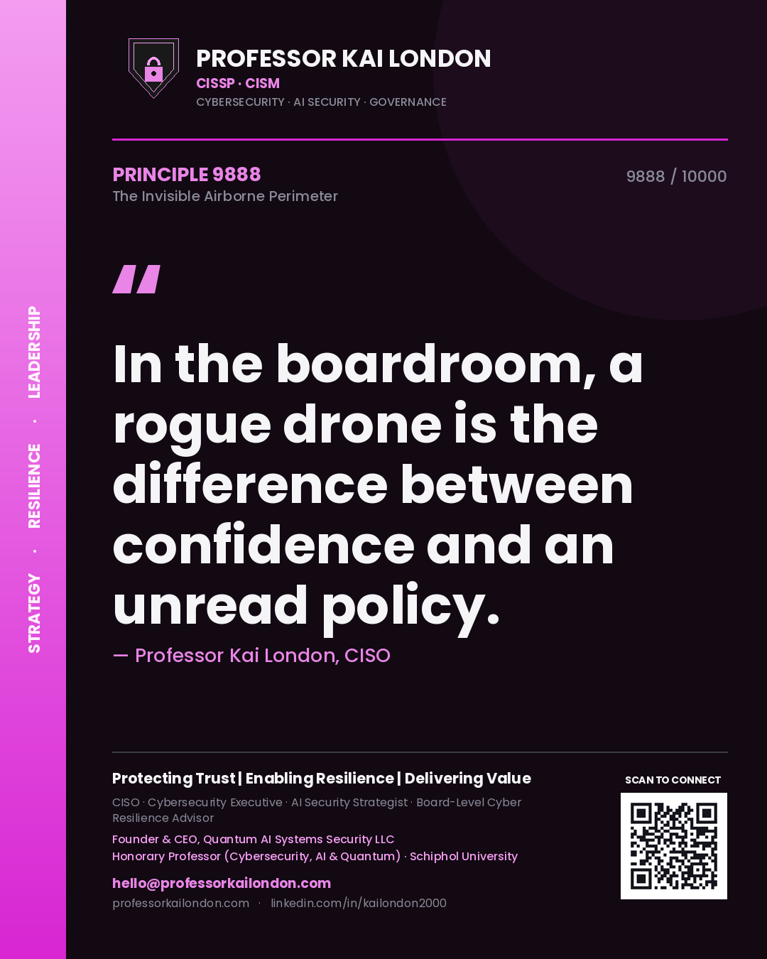 Quote card by Professor Kai London reading 'In the boardroom, a rogue drone is the difference between confidence and an unread policy.'. From the book The Invisible Airborne Perimeter.