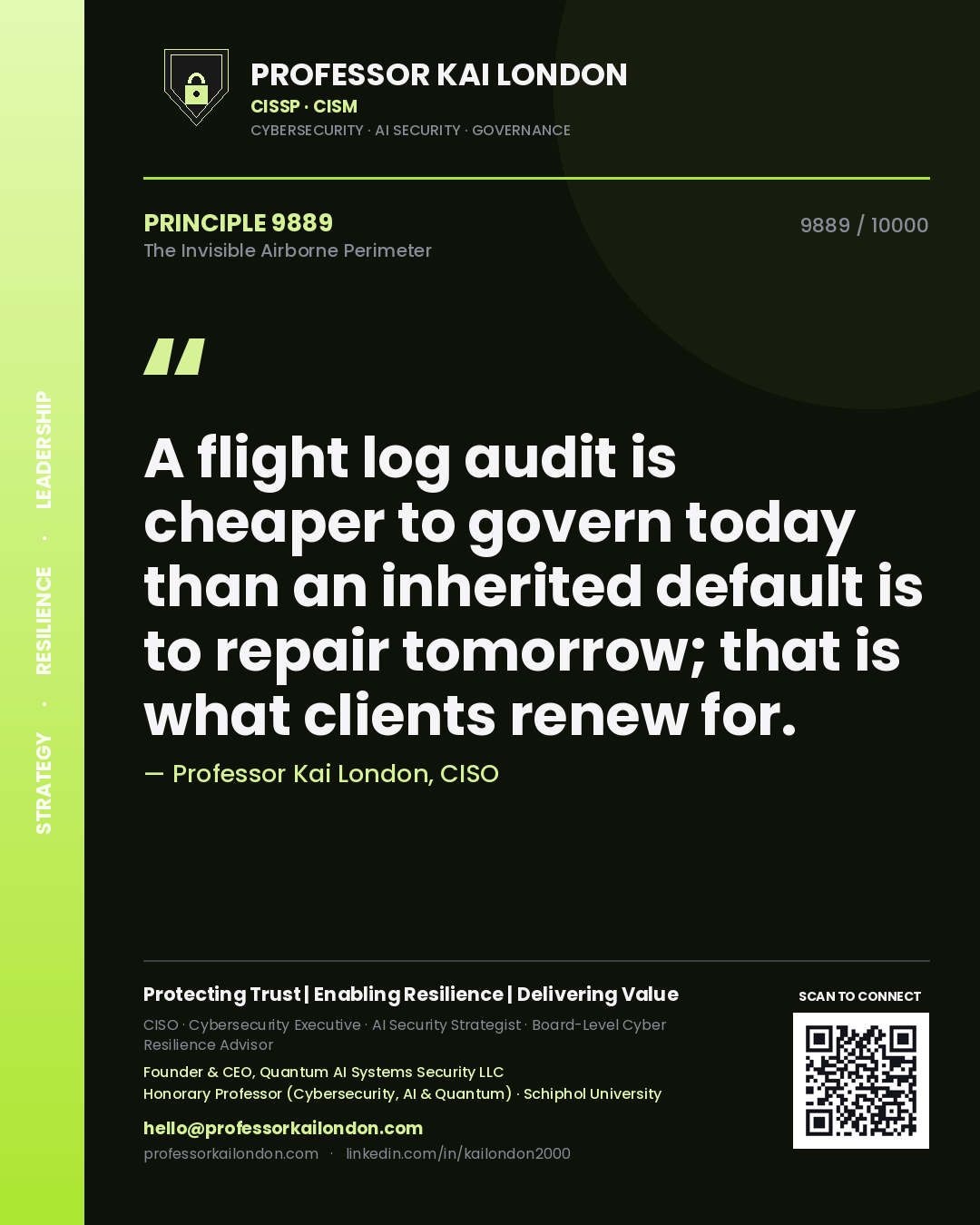 Quote card by Professor Kai London reading 'A flight log audit is cheaper to govern today than an inherited default is to repair tomorrow; that is what clients renew for.'. From the book The Invisible Airborne Perimeter.