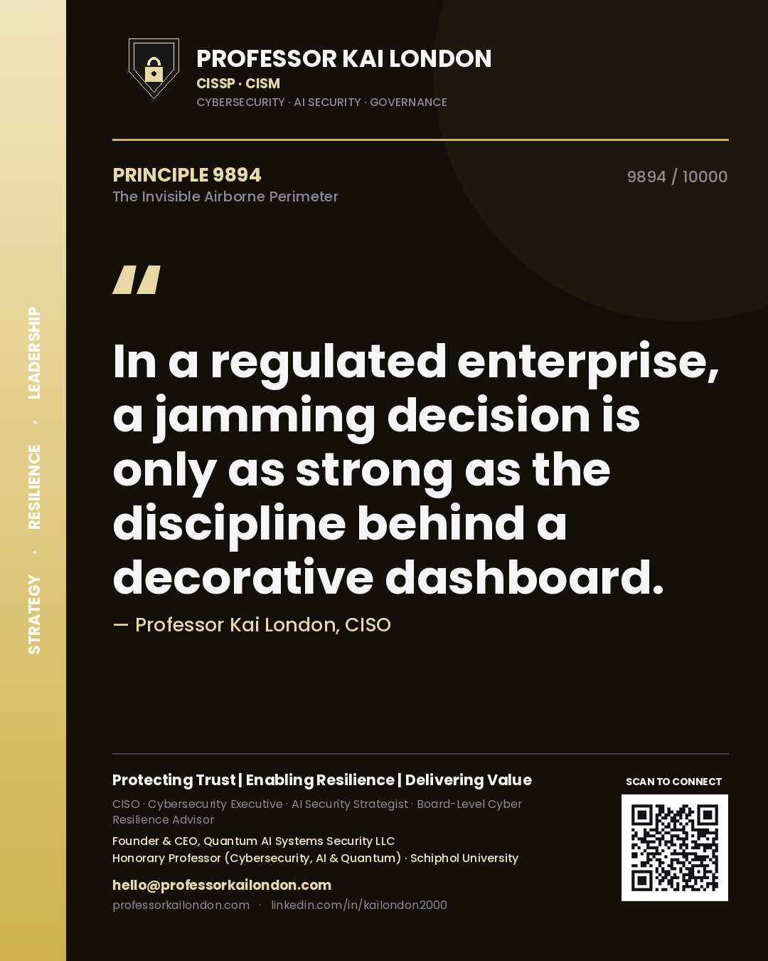 Quote card by Professor Kai London reading 'In a regulated enterprise, a jamming decision is only as strong as the discipline behind a decorative dashboard.'. From the book The Invisible Airborne Perimeter.