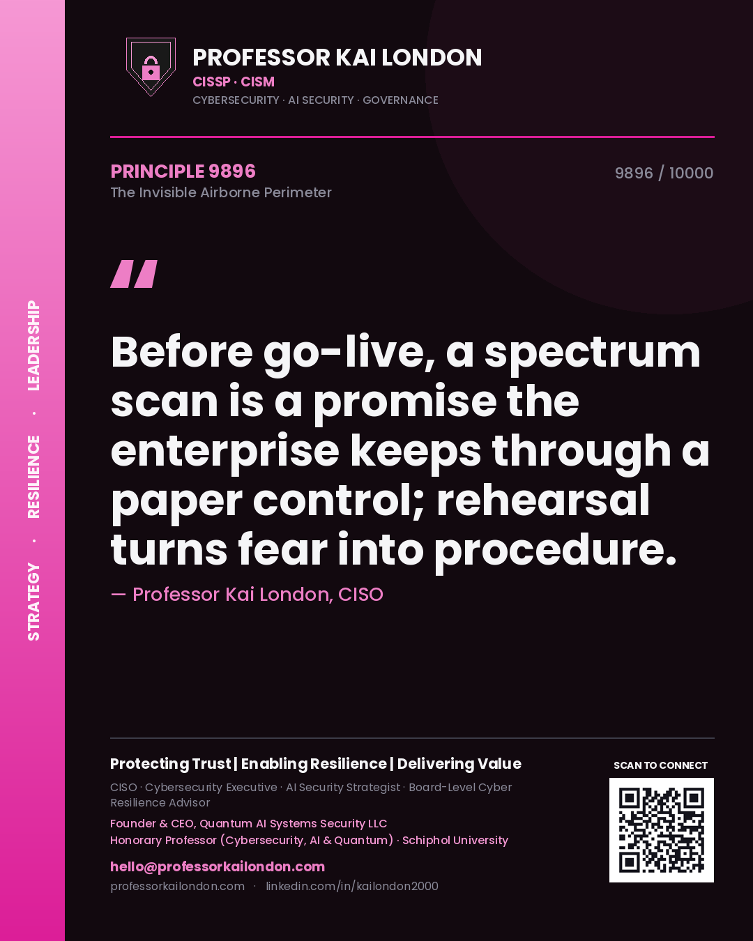 Quote card by Professor Kai London reading 'Before go-live, a spectrum scan is a promise the enterprise keeps through a paper control; rehearsal turns fear into procedure.'. From the book The Invisible Airborne Perimeter.