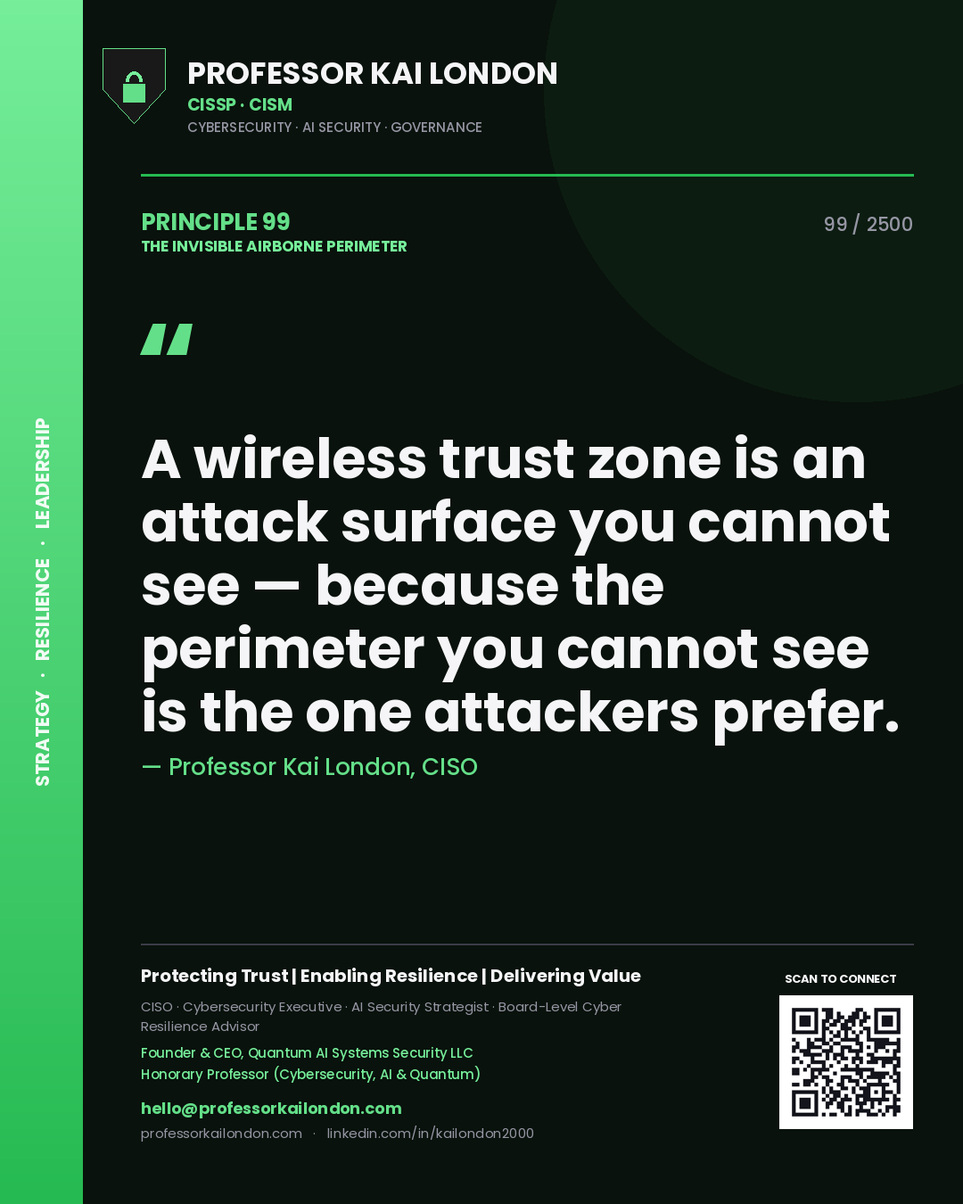Professor Kai London principle 99: A wireless trust zone is an attack surface you cannot see — because the perimeter you cannot see is the one attackers prefer.