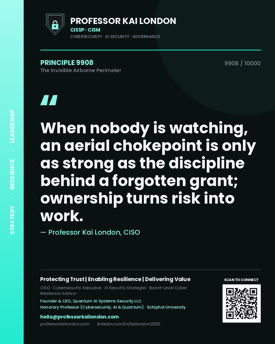 Quote card by Professor Kai London reading 'When nobody is watching, an aerial chokepoint is only as strong as the discipline behind a forgotten grant; ownership turns risk into work.'. From the book The Invisible Airborne Perimeter.