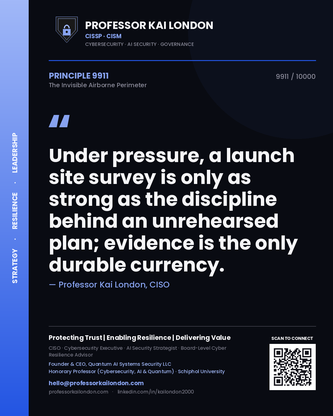 Quote card by Professor Kai London reading 'Under pressure, a launch site survey is only as strong as the discipline behind an unrehearsed plan; evidence is the only durable currency.'. From the book The Invisible Airborne Perimeter.