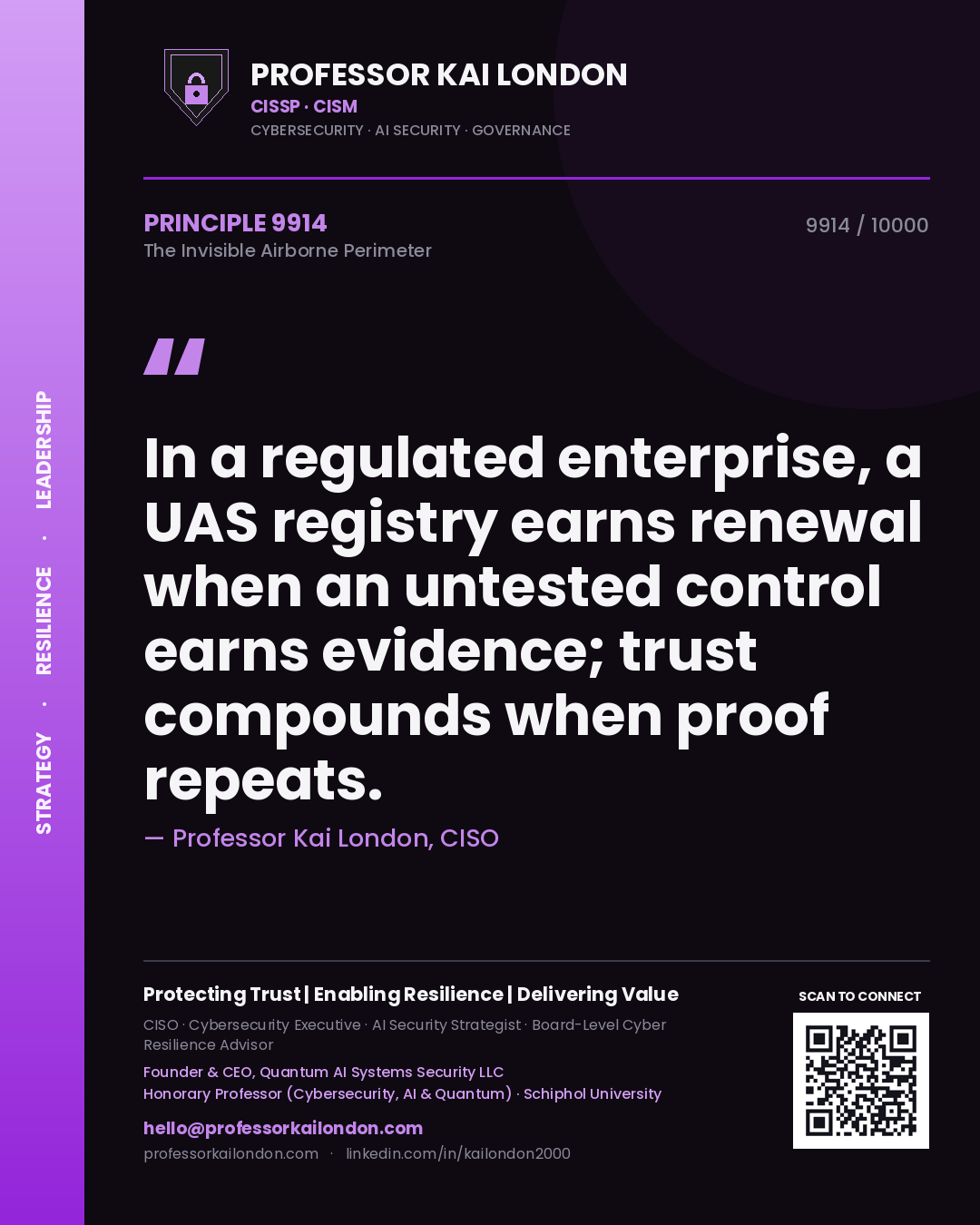 Quote card by Professor Kai London reading 'In a regulated enterprise, a UAS registry earns renewal when an untested control earns evidence; trust compounds when proof repeats.'. From the book The Invisible Airborne Perimeter.
