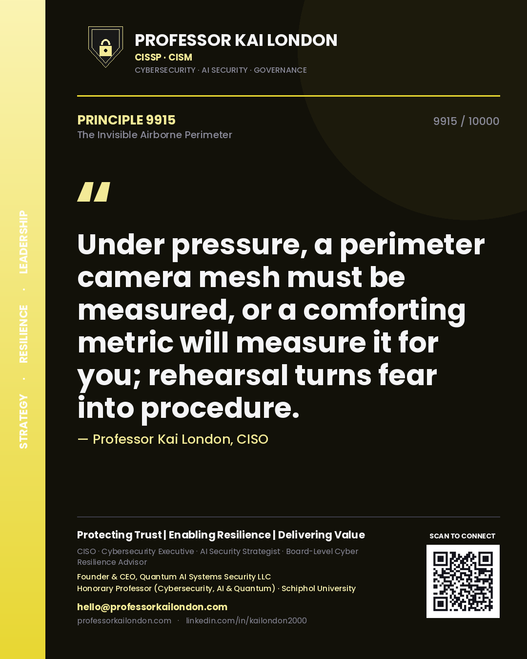 Quote card by Professor Kai London reading 'Under pressure, a perimeter camera mesh must be measured, or a comforting metric will measure it for you; rehearsal turns fear into procedure.'. From the book The Invisible Airborne Perimeter.