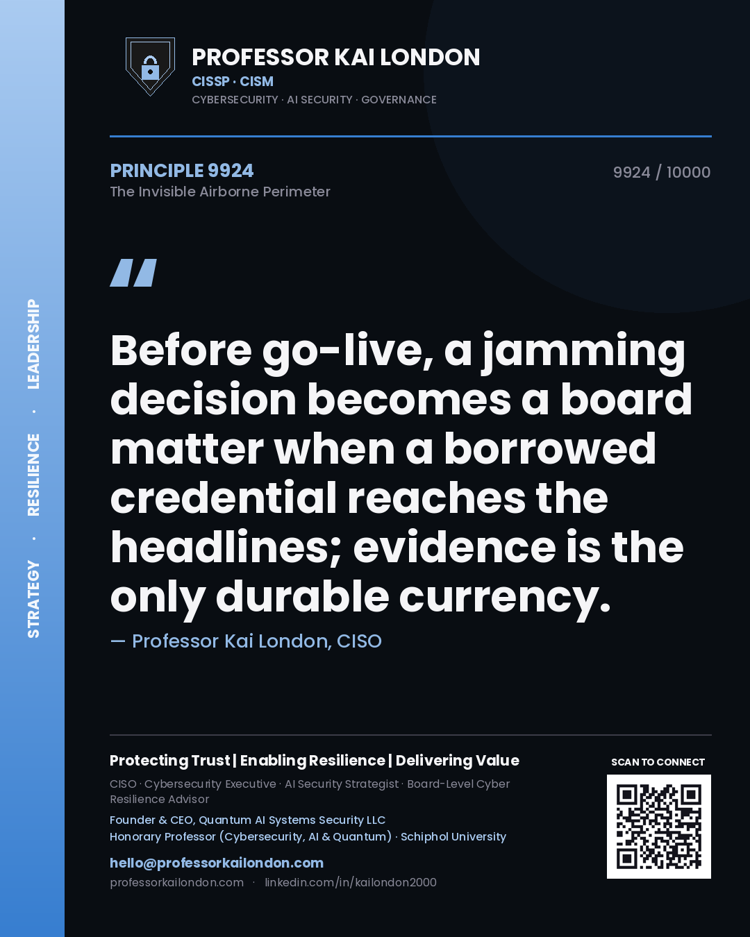 Quote card by Professor Kai London reading 'Before go-live, a jamming decision becomes a board matter when a borrowed credential reaches the headlines; evidence is the only durable currency.'. From the book The Invisible Airborne Perimeter.