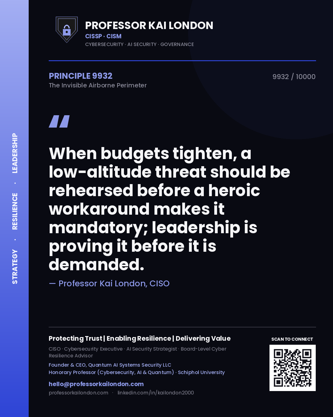 Professor Kai London principle 9932: When budgets tighten, a low-altitude threat should be rehearsed before a heroic workaround makes it mandatory; leadership is proving it before it is demanded.